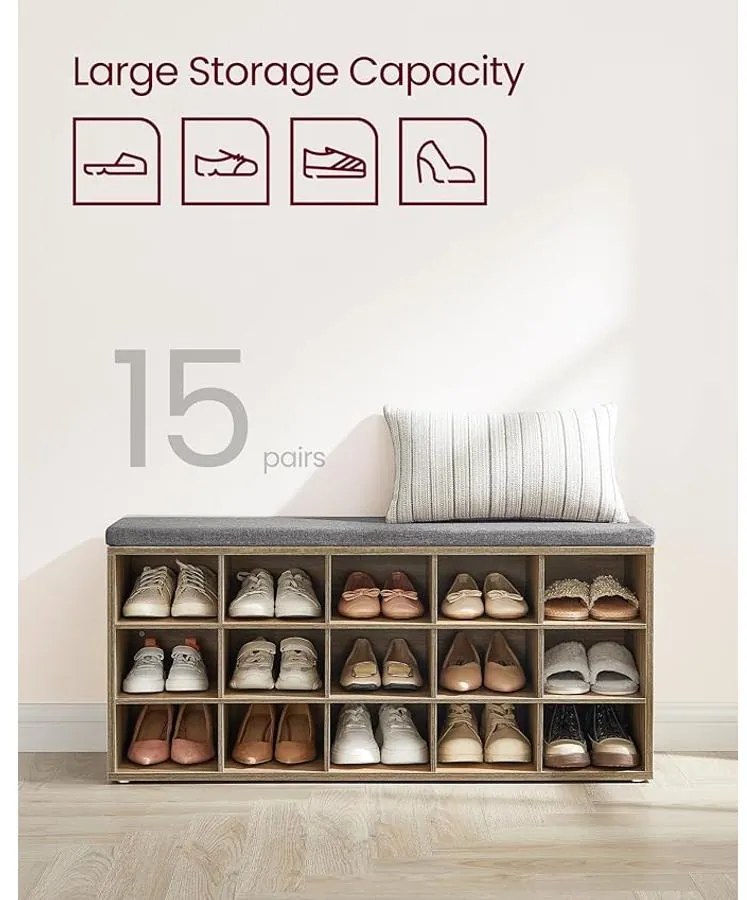 VASAGLE Cipőtartó pad, cipőpolc ülőfelülettel, 30×105×48 cm, türkizbarna–szürke