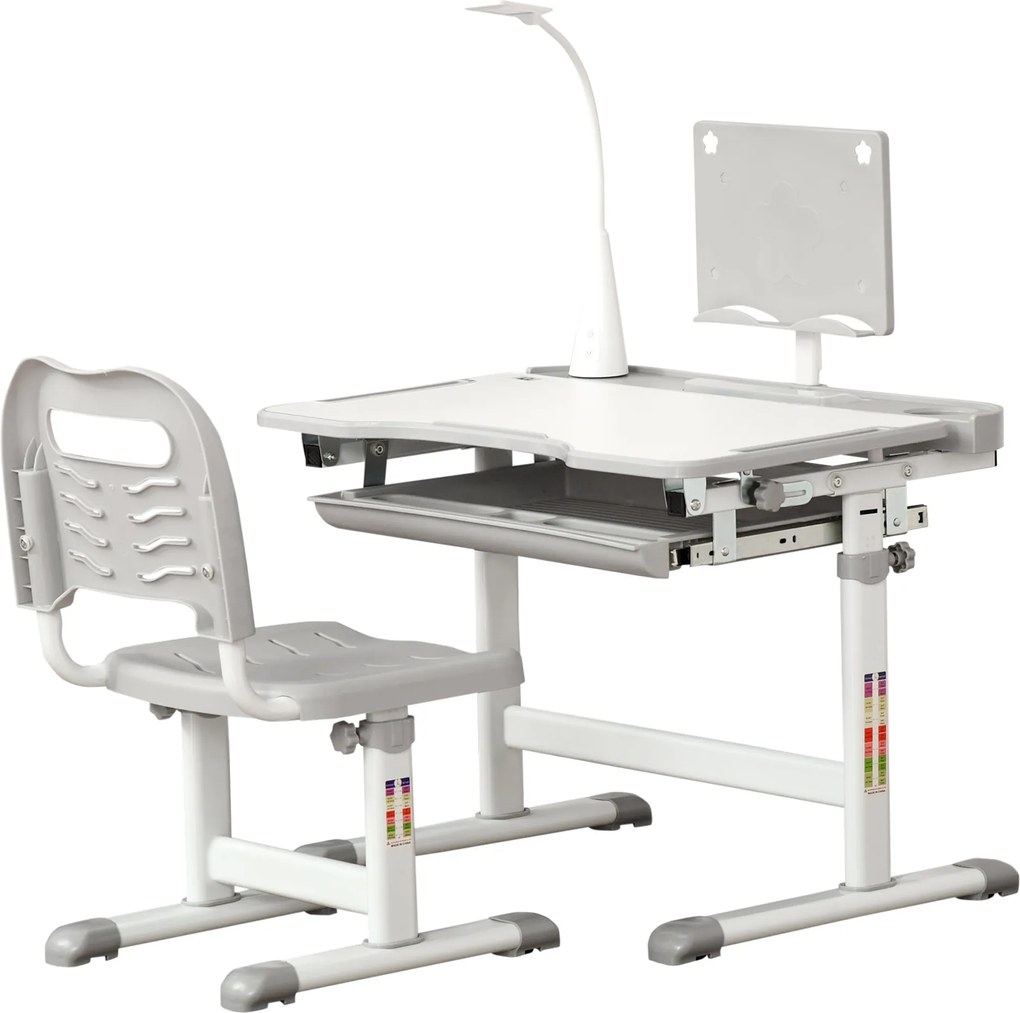 HOMCOM Gyermek Íróasztal és Szék Készlet 6 Éves Kortól, Magasságállítható Dőlt Asztali Lámpával, Fiókkal és Könyvespolccal, Szürke | Aosom