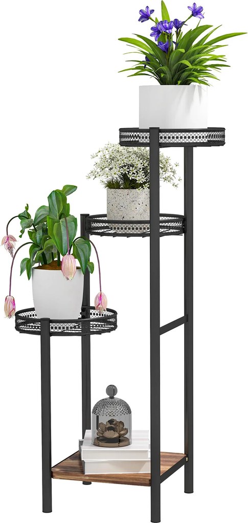 Outsunny 4-szintes növénytartó sarkos polc acél növénytartó virágcserepekhez beltérre és kültérre 25x25x80 cm Fekete | Aosom