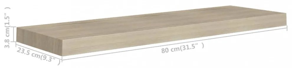 2 db tölgyszínű MDF lebegő fali polc 80 x 23,5 x 3,8 cm