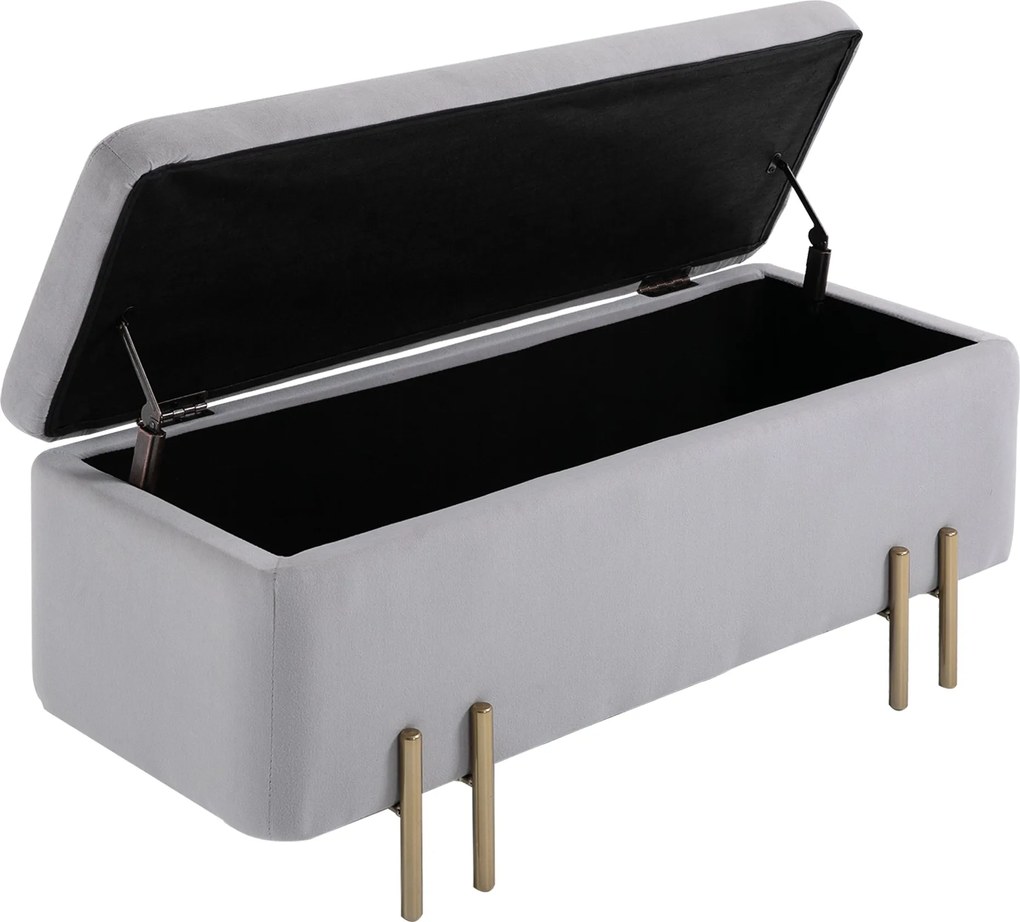 HOMCOM 70L Tároló Ottoman Bársonyos Kárpitozású Tároló Pad Fém Lábbal Előszobába, Nappaliba 100x40x42 cm Világos Szürke | Aosom