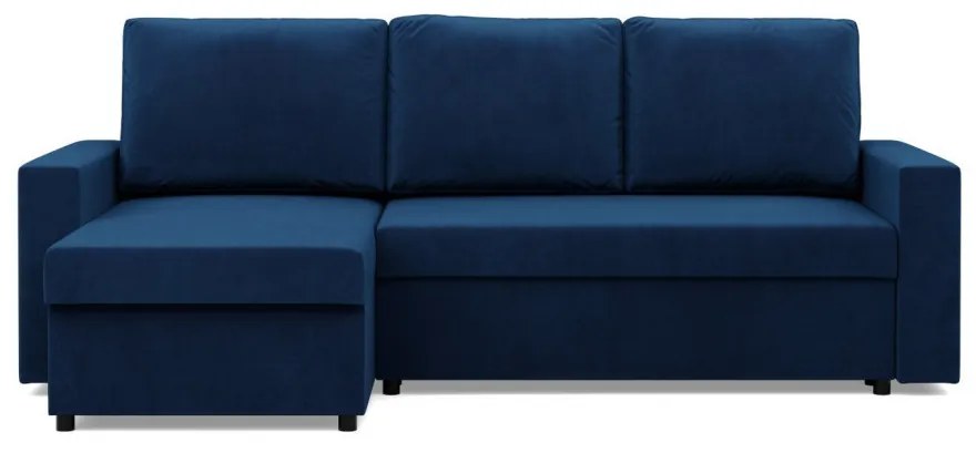 Zeus sarokkanapé, 2 ágyneműtartóval, egyenes kartámasz, bársony, univerzális oldal, bonell töltet, kék