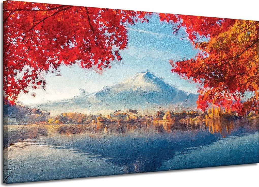 Vászonkép Színes levelek Város Hegy Víz 120x70 cm