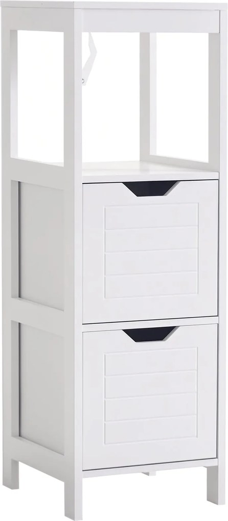 kleankin Fürdőszobai Szekrény Multifunkcionális Tárolószekrény Nyitott Polccal és 2 Tároló Fiókkal Borulásgátló Tervezéssel 30x30x89 cm Fehér | Aosom