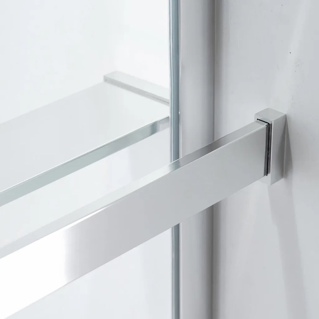 Stuxi Milano Plus Walk-in zuhanyfal, 110x200 cm, 8 mm vastag vízlepergető biztonsági üveggel, króm profillal, távtartóval, polccal és törölközőtartóval