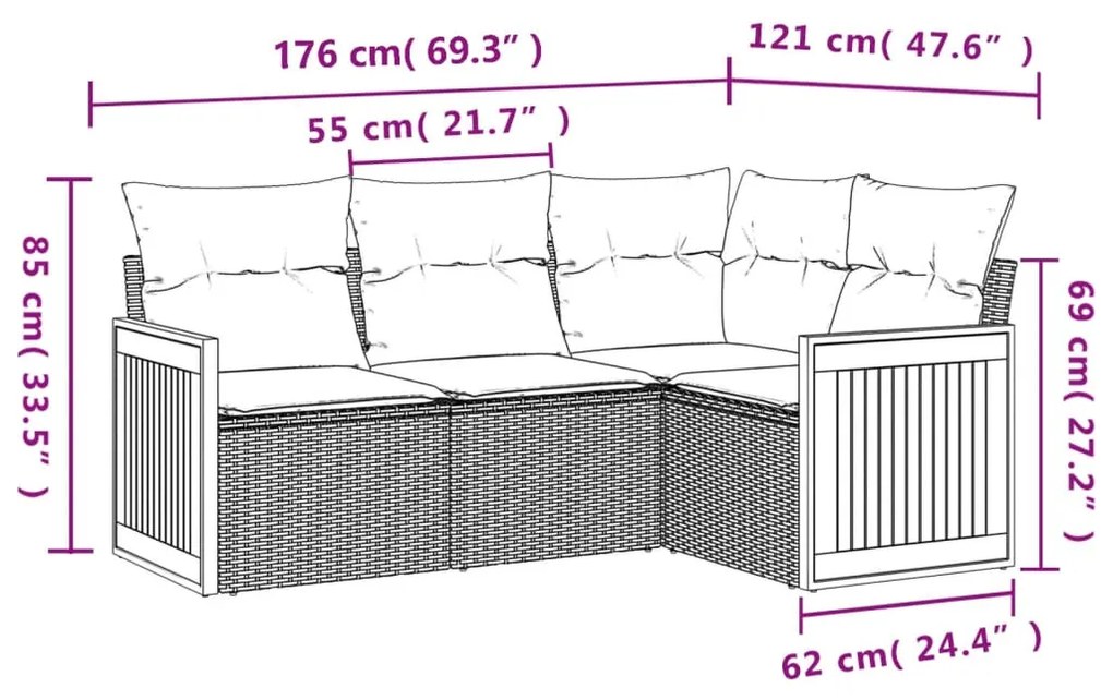 4 részes fekete polyrattan kerti ülőgarnitúra párnákkal