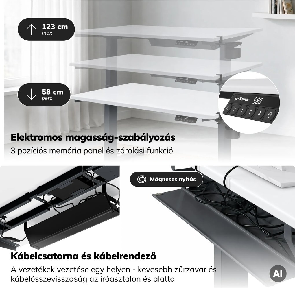Elektromos íróasztal magasságállítással ergonomikus antracit-fehér, 1200x600 mm: ARIA