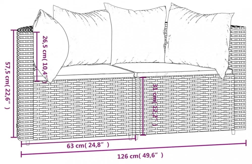 vidaXL 2 db fekete polyrattan kerti sarokkanapé párnákkal