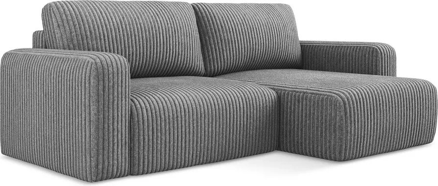 Szürke kordbársony kinyitható-tárolóhelyes sarokkanapé (jobb oldali-heverő résszel) Kona – Makamii