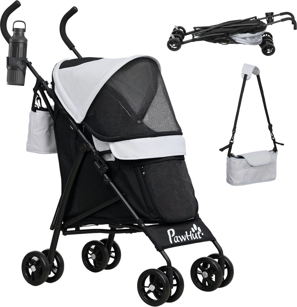PawHut Kutya Babakocsi - Összecsukható Kutyáknak és Macskáknak, Háló Ablakokkal, Vállszíjjal, Tárolótáskával, Pohártartóval, Napernyővel - Világosszür