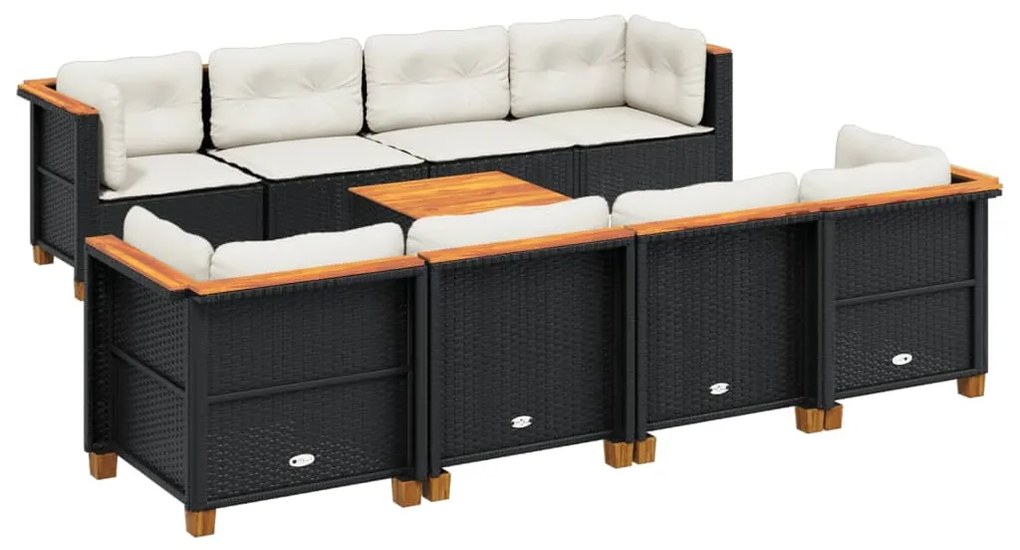 9 részes fekete polyrattan kerti ülőgarnitúra párnákkal