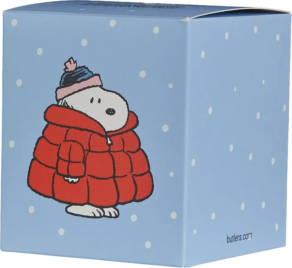 PEANUTS gyertya üvegben 9cm , Snoopy kabátban