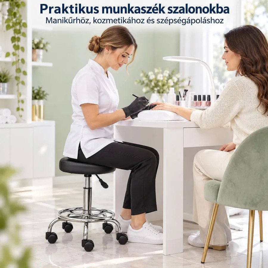 VASHOME gurulós kozmetikai szék, állítható magasság 46–61 cm, 5 görgővel, fekete
