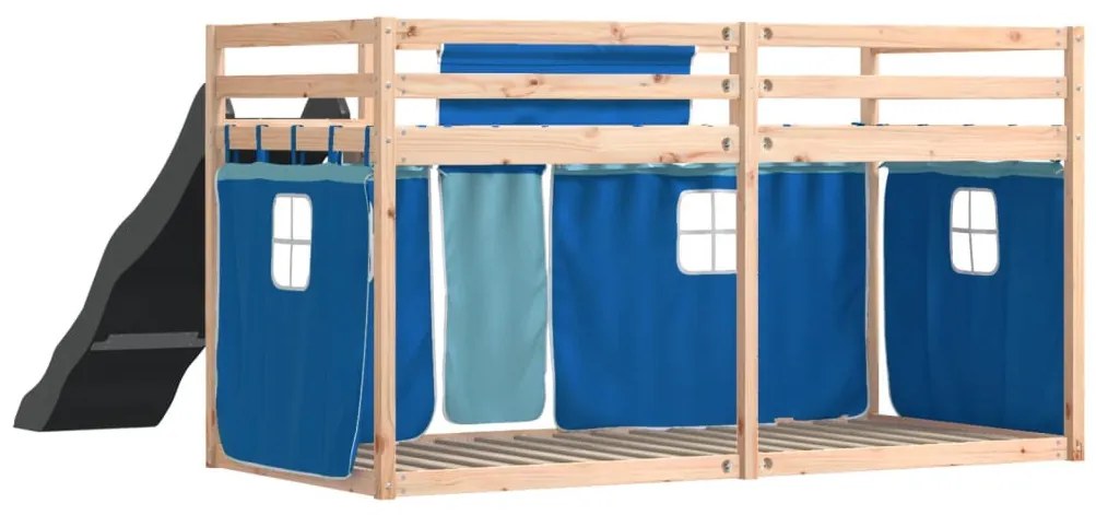kék emeletes ágy csúszdával és függönnyel 80 x 200 cm