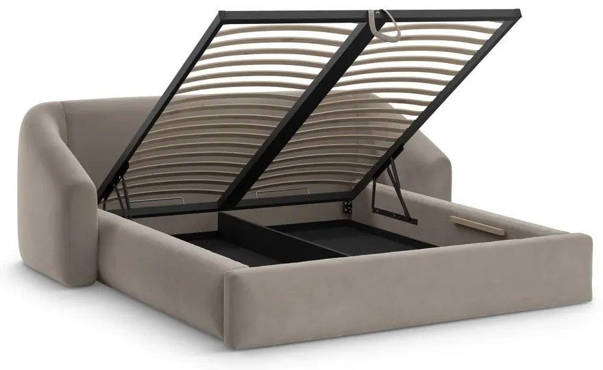 Világosbarna kárpitozott ágyneműtartós franciaágy ágyráccsal 200x200 cm Campi – Cosmopolitan Design