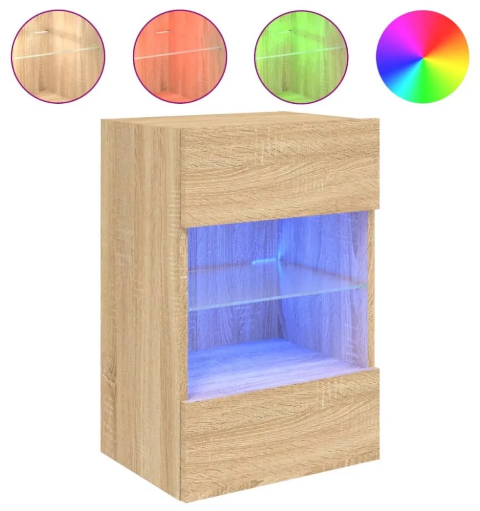 2 db sonoma tölgy színű fali szekrények LED világítással TV-hez 40x30x60,5 cm