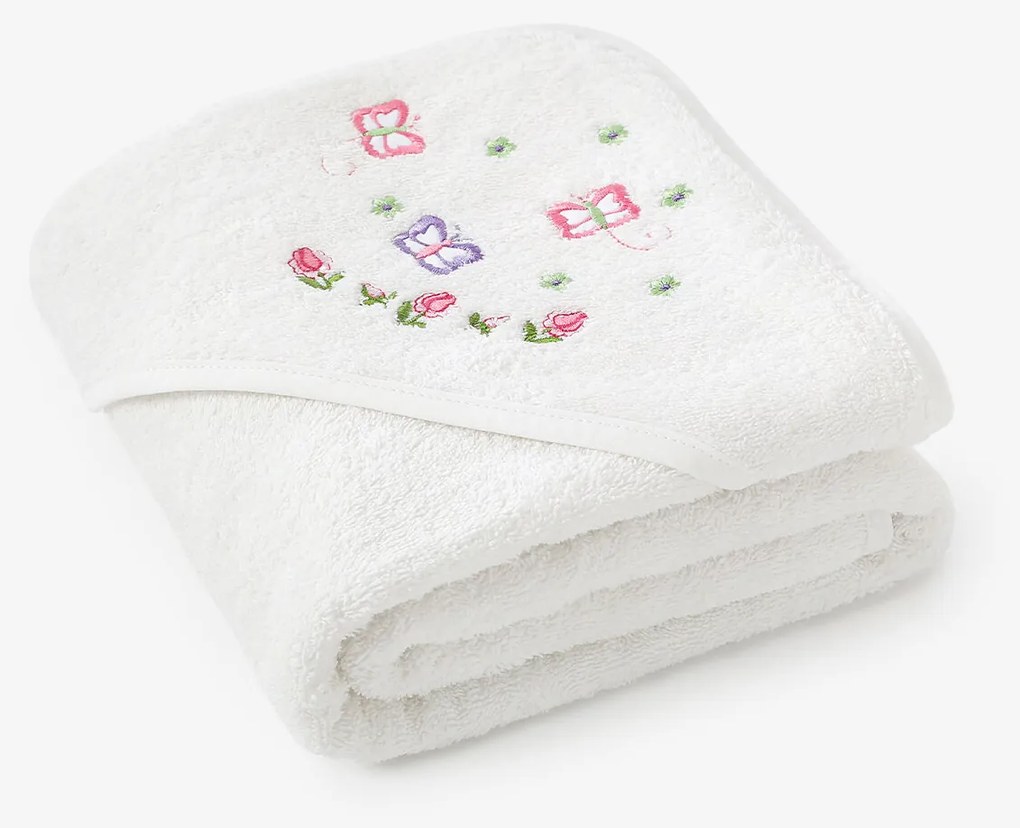 Goldea gyermek frottír fördőlepedő csuklyás - pillangók fehéren 100 x 100 cm