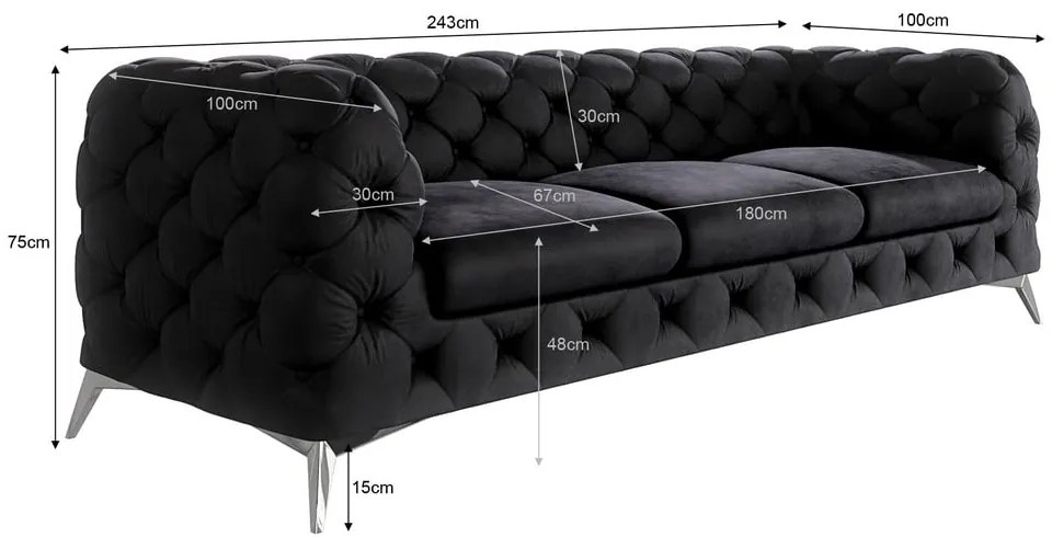 Fekete bársony kanapé 243 cm Chelsea – Ropez