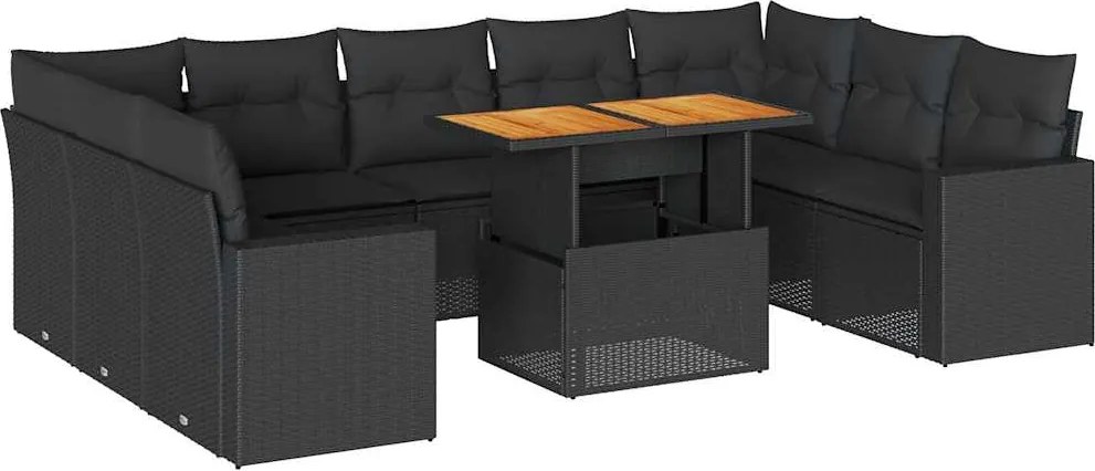 vidaXL 10 részes fekete polyrattan kerti ülőgarnitúra párnákkal