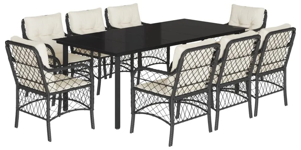 9 részes fekete polyrattan kerti étkezőgarnitúra párnákkal