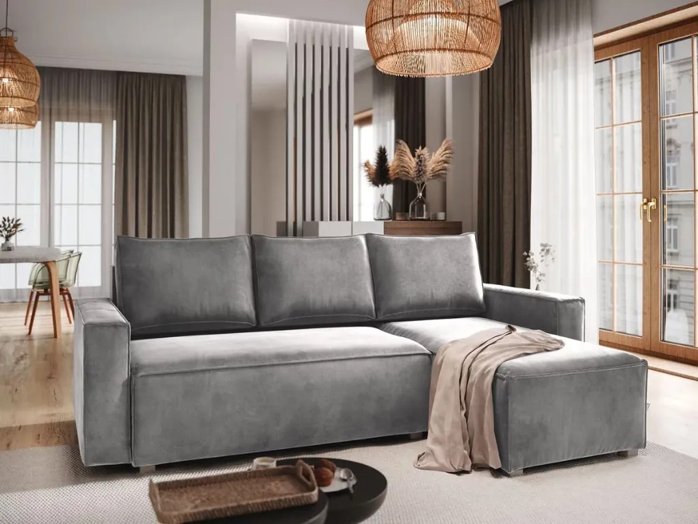 AKCIÓ Világosszürke kihúzható sarokkanapé CAVELO, kétoldalas II. osztály