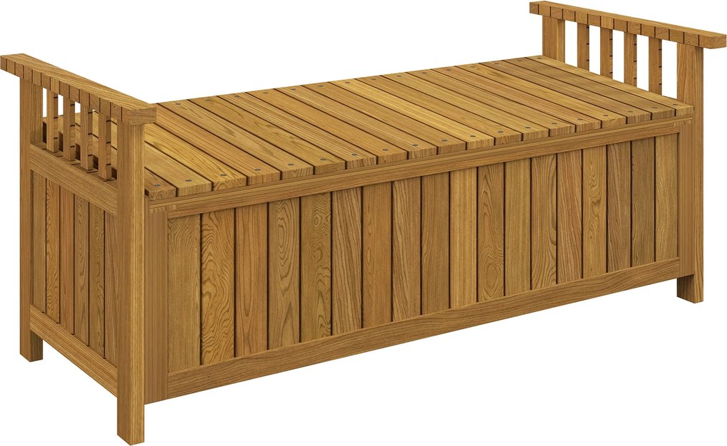 Outsunny 2- személyes Fa Kerti Pad 186L Tárolóhellyel, Kültéri Pad Karfákkal, 240 kg Teherbírás, Kert Erkélyre, 128.5 x 56 x 53.5 cm Barna | Aosom