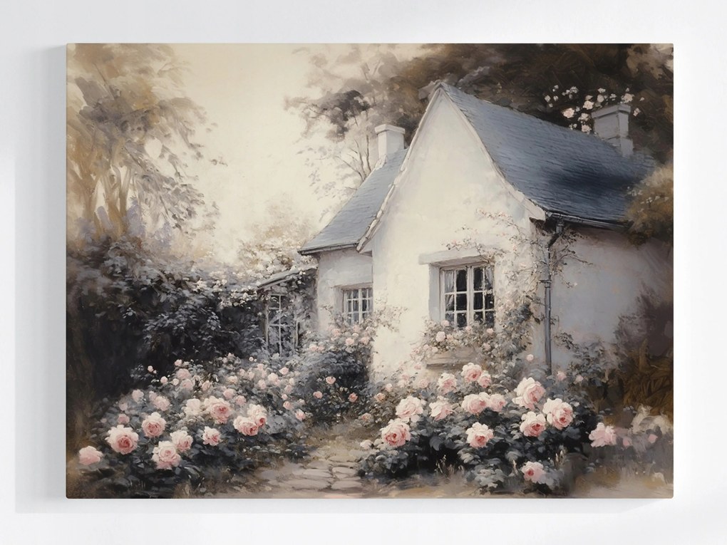 Vászonkép Canvas Tájkép Falu Ház Kunyhó Kert Virágok Rózsák 80x60