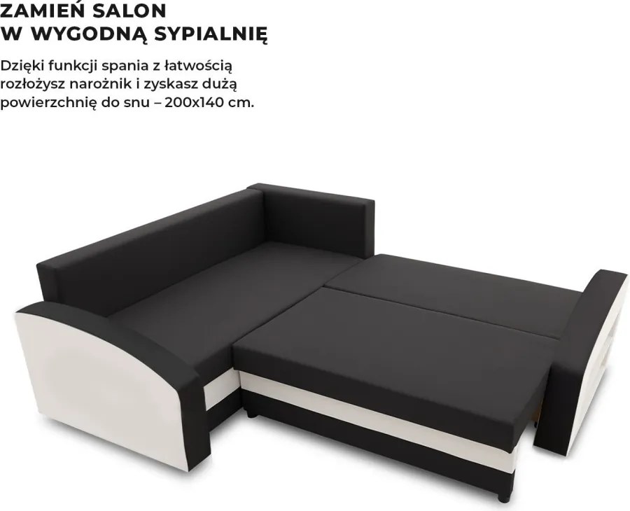 Grande sarokkanapé polcokkal , polc a jobb karfaban, baloldali, szövet anyag, bonell töltet, fekete - fehér