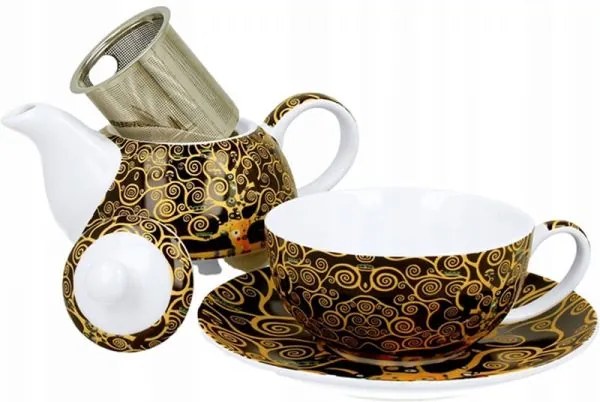 Porcelán egyszemélyes teáskészlet teáskanna és csésze aljjal Klimt Életfa