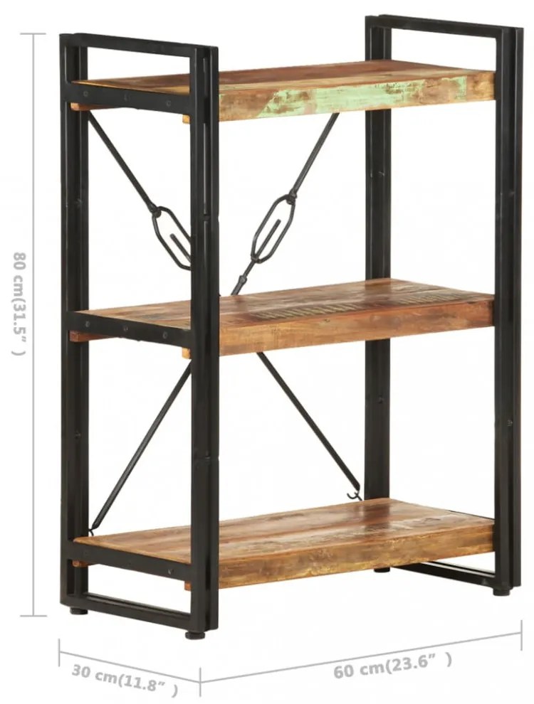 3 szintes tömör újrahasznosított fa könyvespolc 60 x 30 x 80 cm