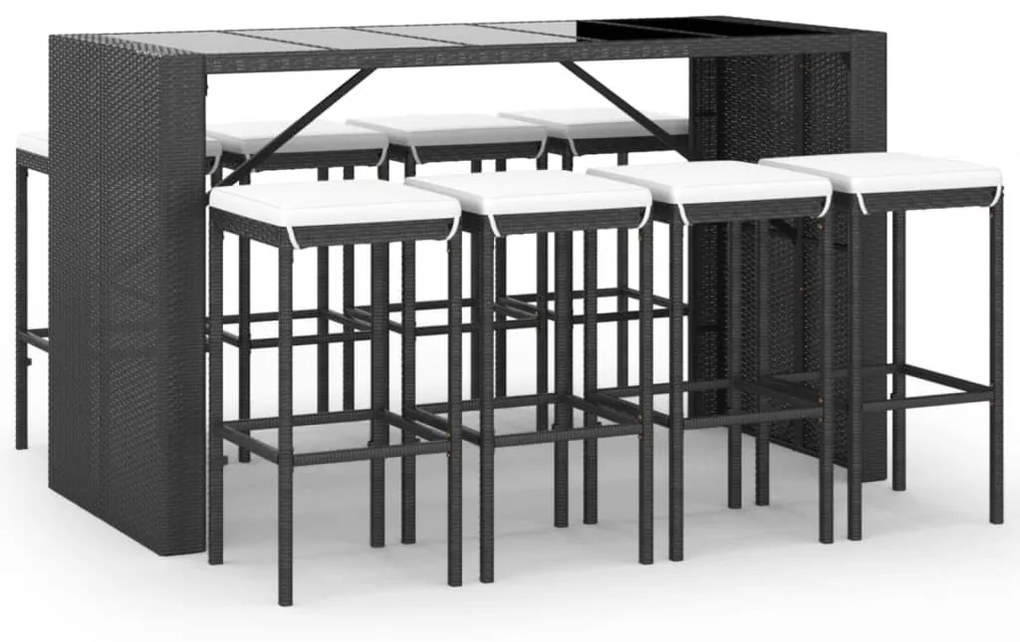 9 részes fekete polyrattan kerti bárszett párnával