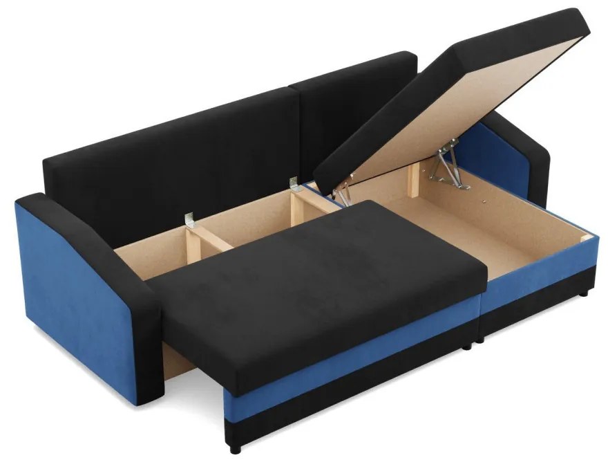 Hewlet sarokkanapé, 2 ágyneműtartóval, szövet anyag, univerzális oldal, bonell töltet, fekete - kék