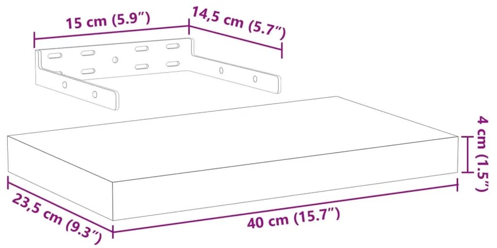 2 db szerelt fa függőpolc 40 x 23,5 x 4 cm