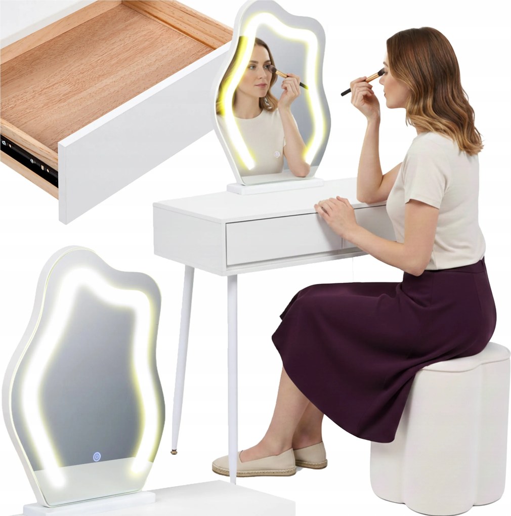 Francia stílusú kozmetikai fésülködőasztal bútor szett asztallap 80 cm fehér