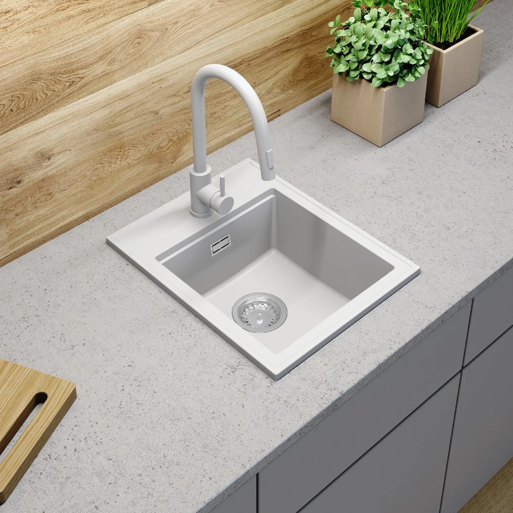 SINK Quality Mosogató minőségi Ferrum Új 4050, 1 kamrás gránit mosogató 400x500x185 mm + arany szifon, fehér, SKQ-FER.4050.WH.XG