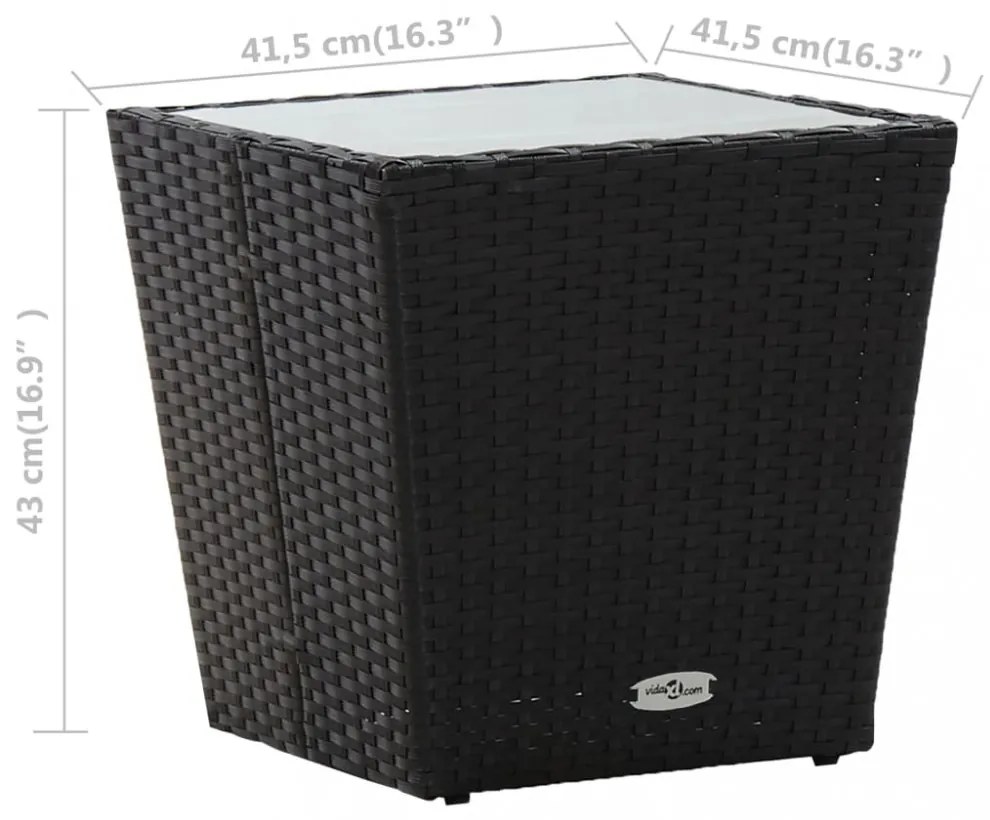 fekete polyrattan és edzett üveg teázóasztal 41,5x41,5x43 cm