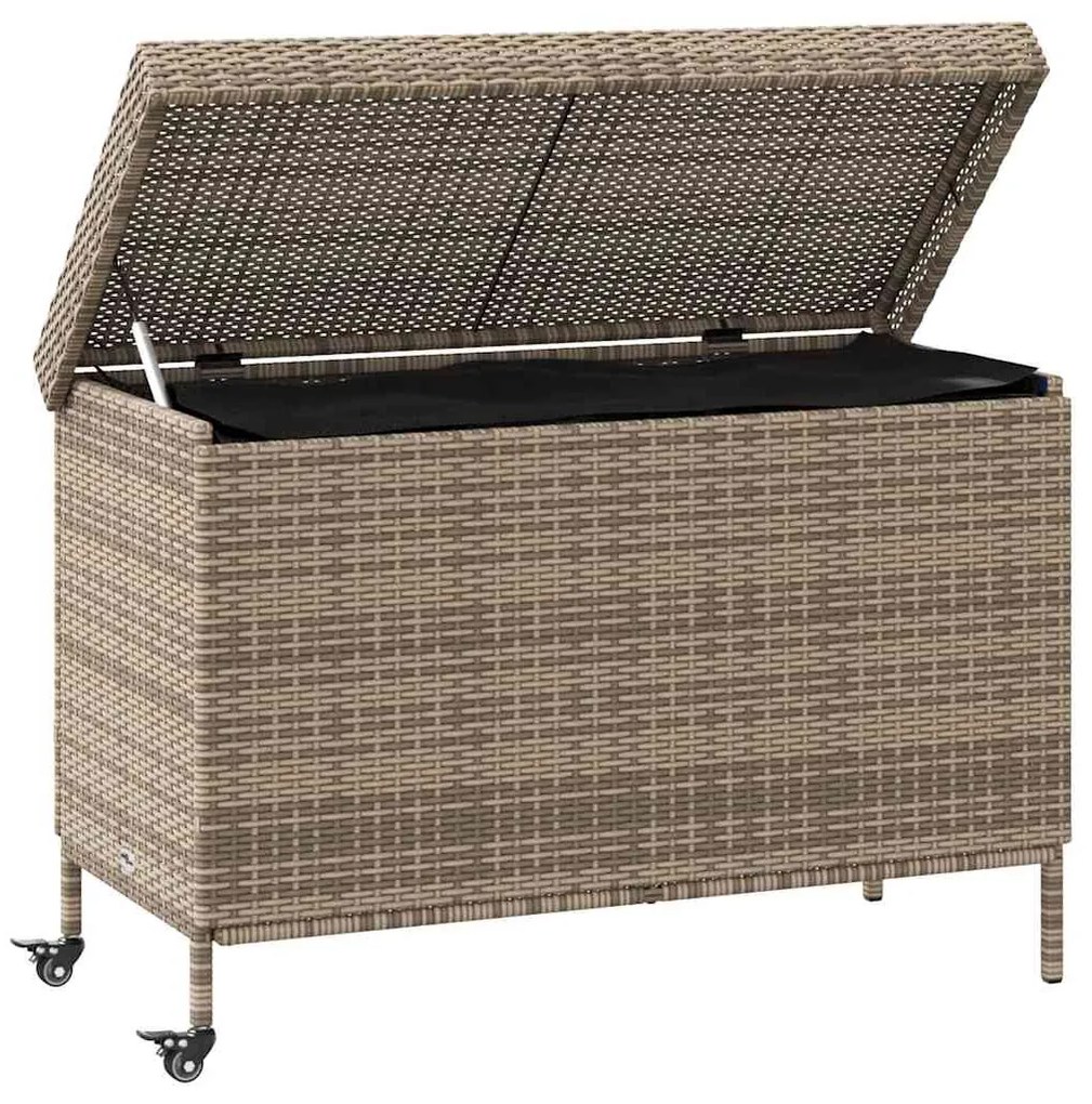 szürke polyrattan kerti tárolóláda kerekekkel 110x55x73 cm