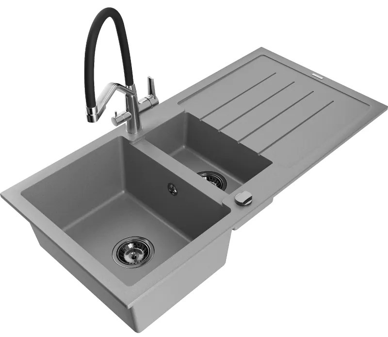 Mexen Andres gránit mosogató 1,5 medencés csepegtetővel és Duo konyhai csappal, szürke - 6515-71-671701-07-B