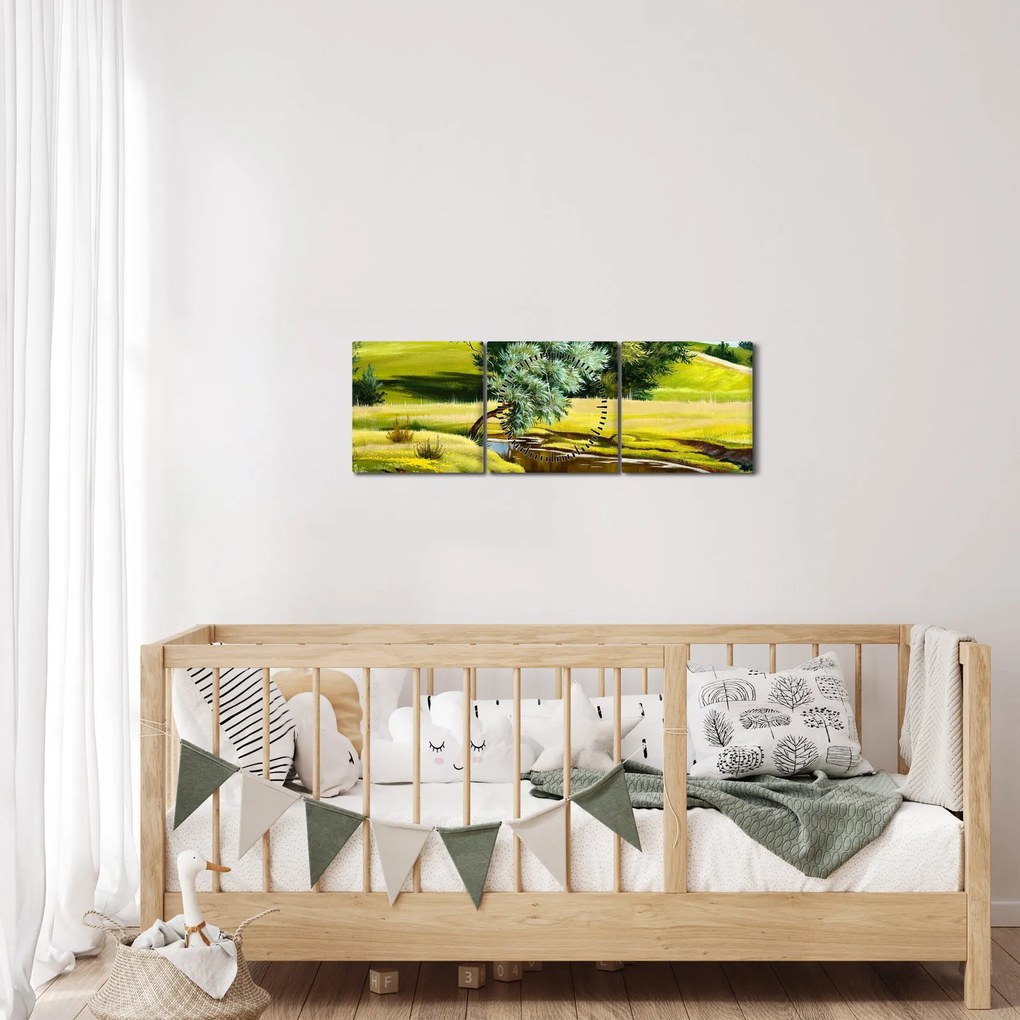 Kép - folyó a rétek között,, olajfestmény (órával) (90x30 cm)