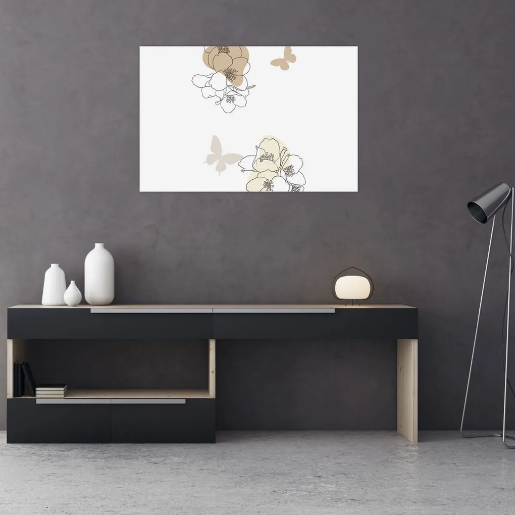 Kép - Bézs virágok pillangóval N⁰2 (90x60 cm)