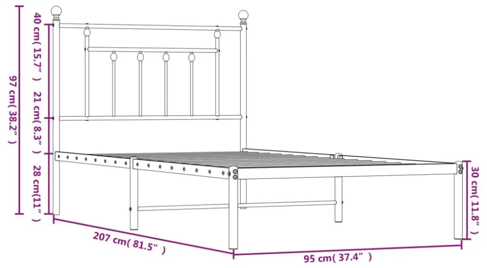 fekete fém ágykeret fejtámlával 90 x 200 cm