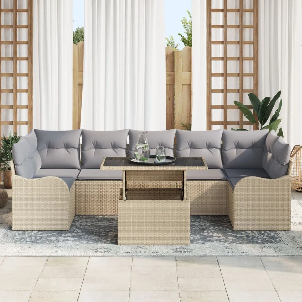 8 Darabos Kerti Sofa Szett Párnákkal Bézs Poli Rattan, 2-Fős Kerti Sofa Párnákkal Bézs Poli Rattan