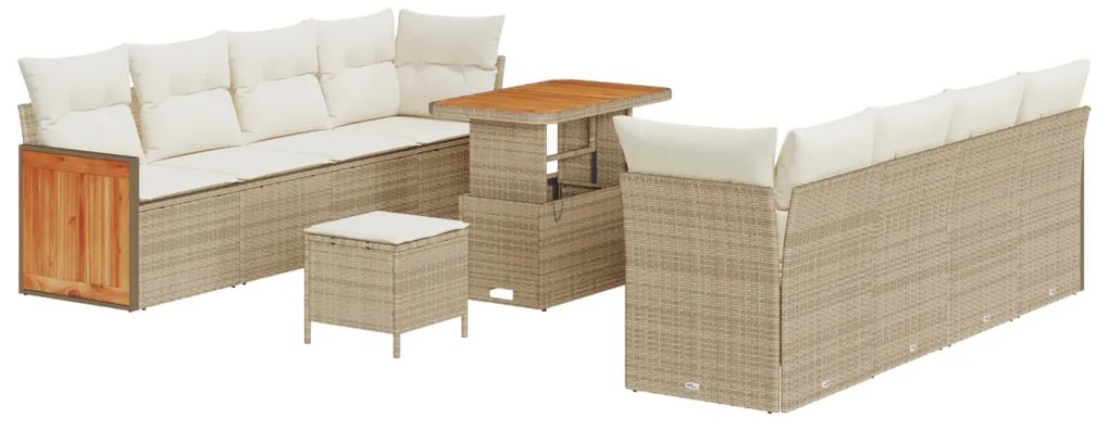 11 Részes Kerti Sofa Szett Párnákkal Bézs Poli Rattan Akáciával