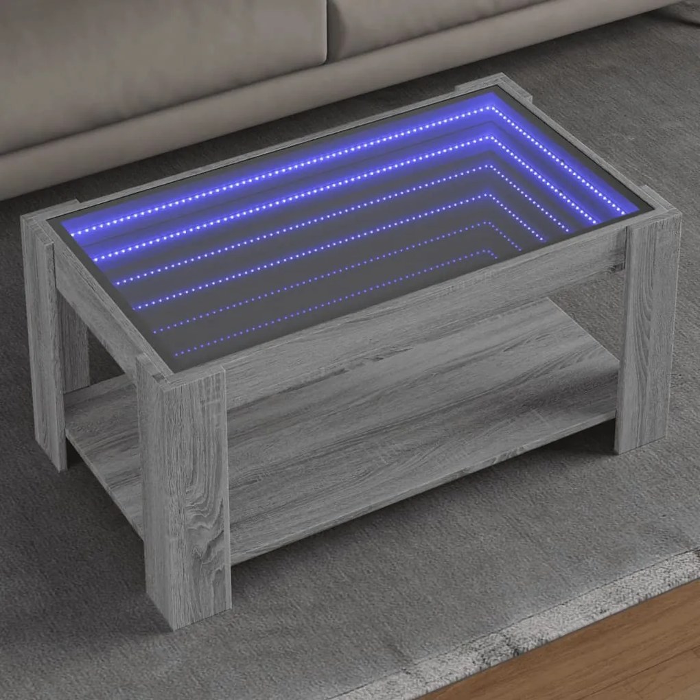 Szürke sonoma szerelt fa dohányzóasztal LED-del 93 x 53 x 45 cm