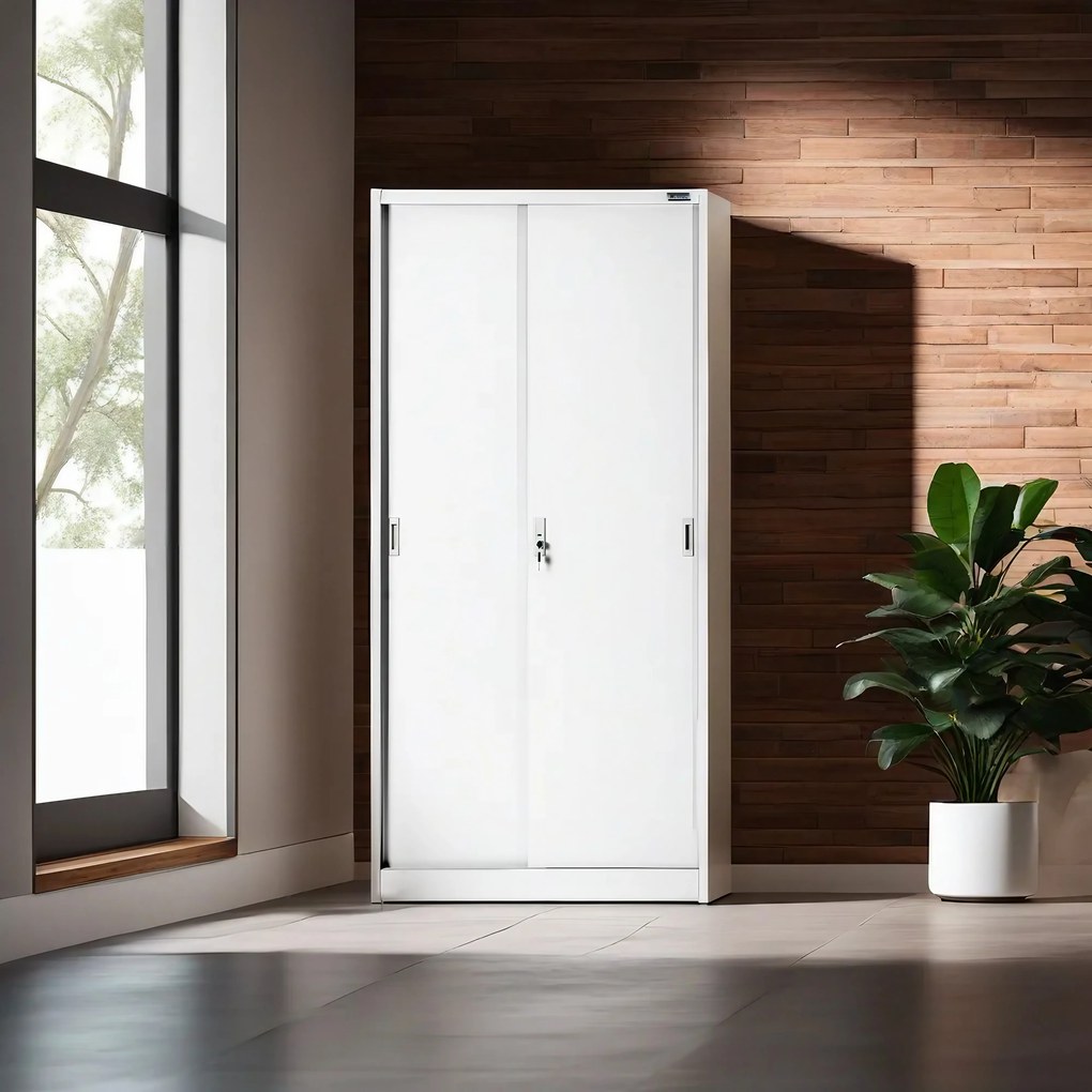 Fém iratszekrény polcokkal tolóajtókkal KUBA, 900 x 1850 x 400 mm, fehér