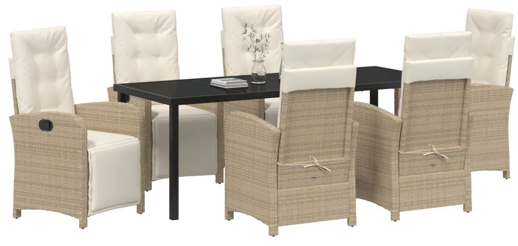 7 db-os Kerti Étkezőszett Párnákkal Bézs Poli Rattan, Kerti Asztal Fekete 200x80x73 cm Edzett Üveg