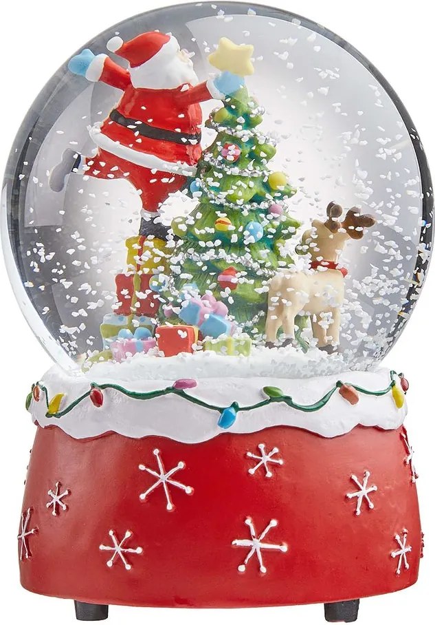 X-MAS zenélő hógömb, Mikulás rénszarvassal és karácsonyfával, Ø10cm
