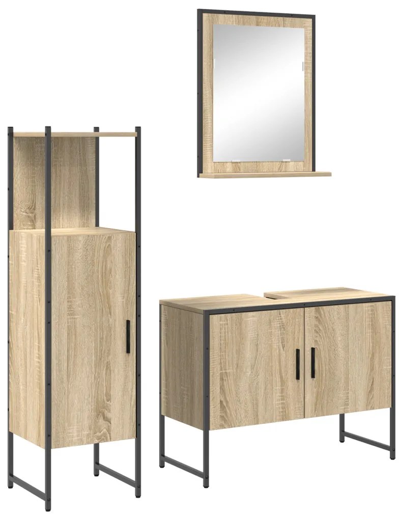 3 részes fürdőszoba bútor készlet Sonoma tölgy mérnökfából, Fürdőszoba tükör polccal Sonoma tölgy 50x12x60 cm mérnökfából