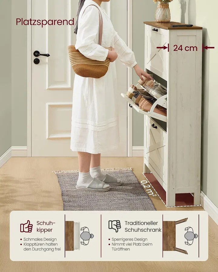 VASAGLE Keskeny Cipősszekrény 3 Lenyíló Ajtóval, LIRY Kollekció, Antik Fehér