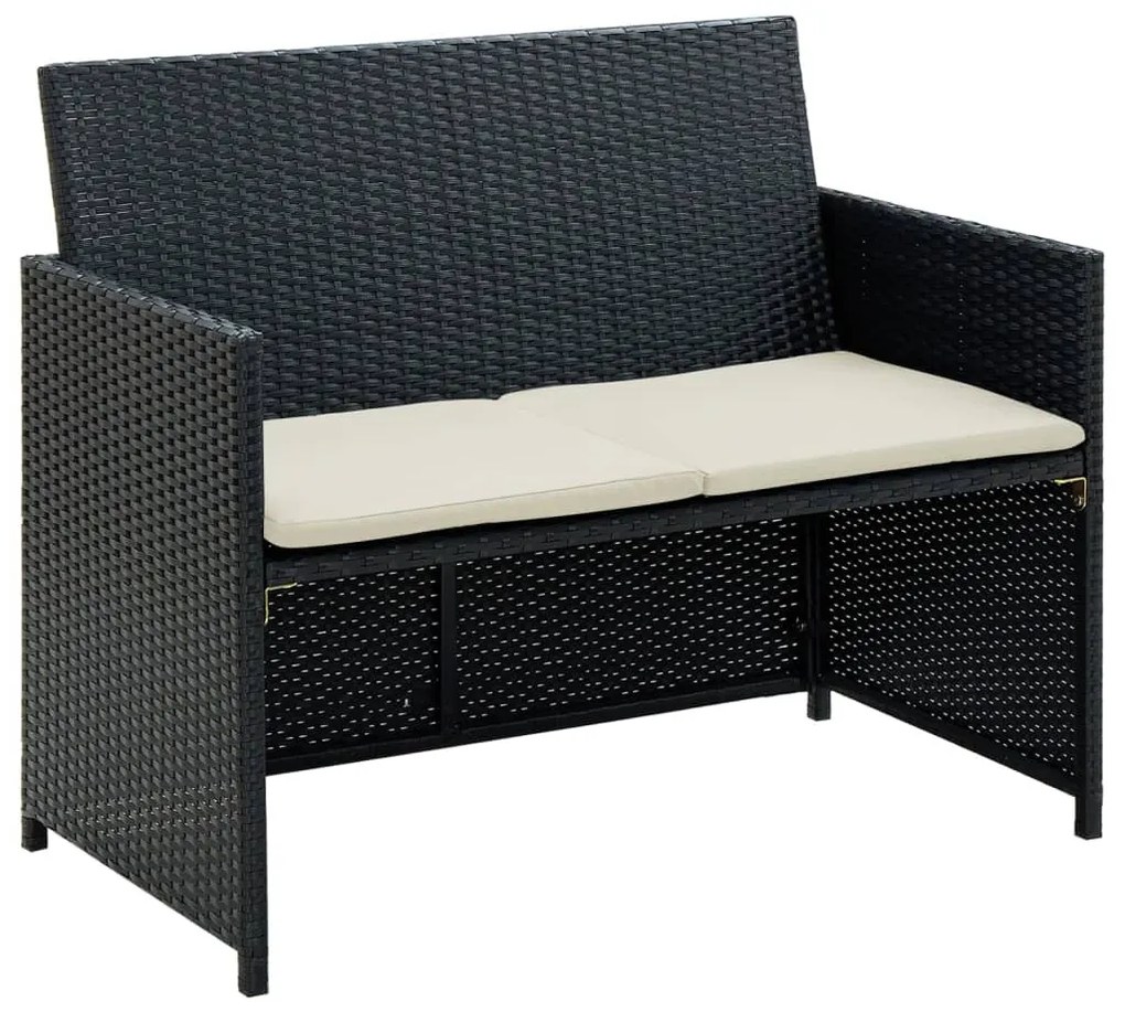 Fekete kétszemélyes polyrattan kerti kanapé párnákkal
